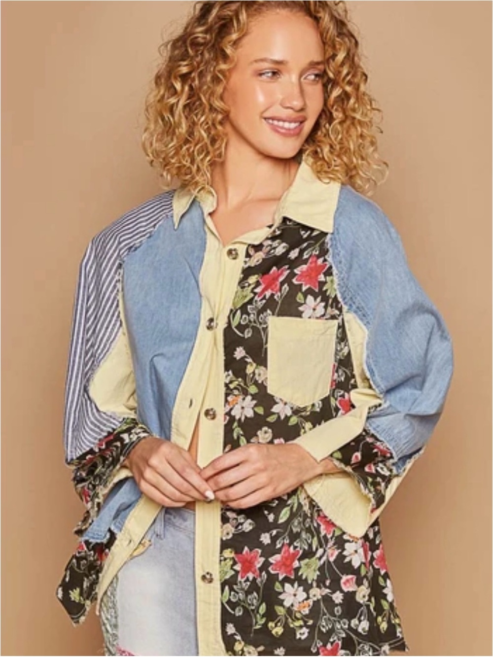 POL Patchwork Floral & Denim Mix Button-Down Shirt - Yellow/Blue/Black/Red